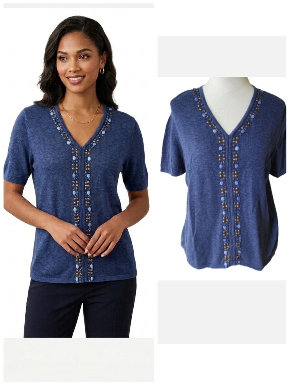 Alfred Dunner blue short sleeve cardigan sweater with beads Women's size XL